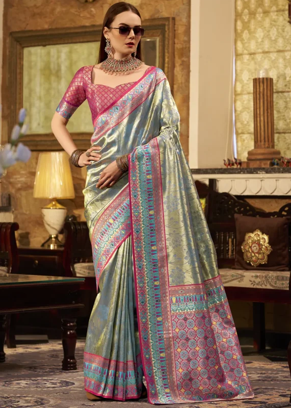 Turquoise Paithani Silk Saree with Magenta Blouse