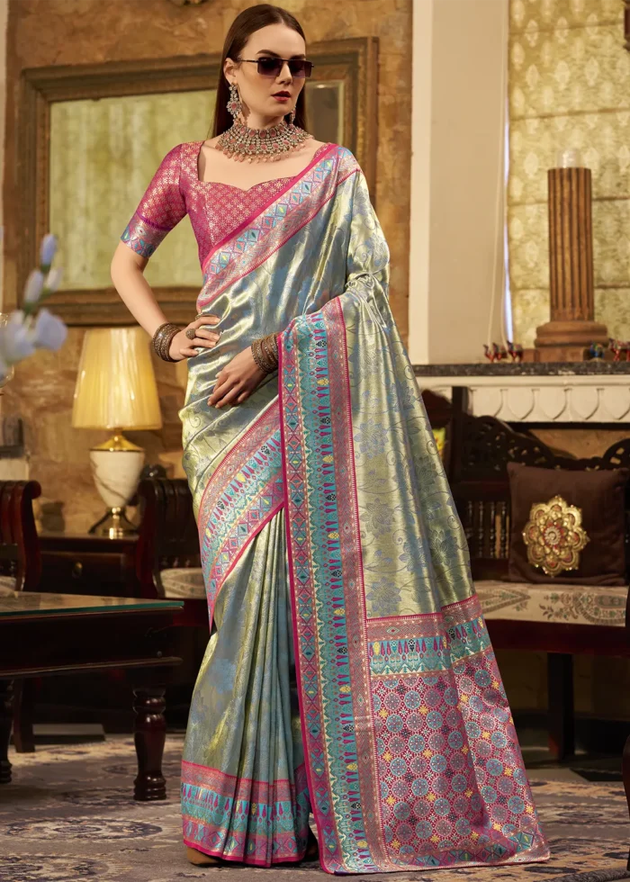 Turquoise Paithani Silk Saree with Magenta Blouse