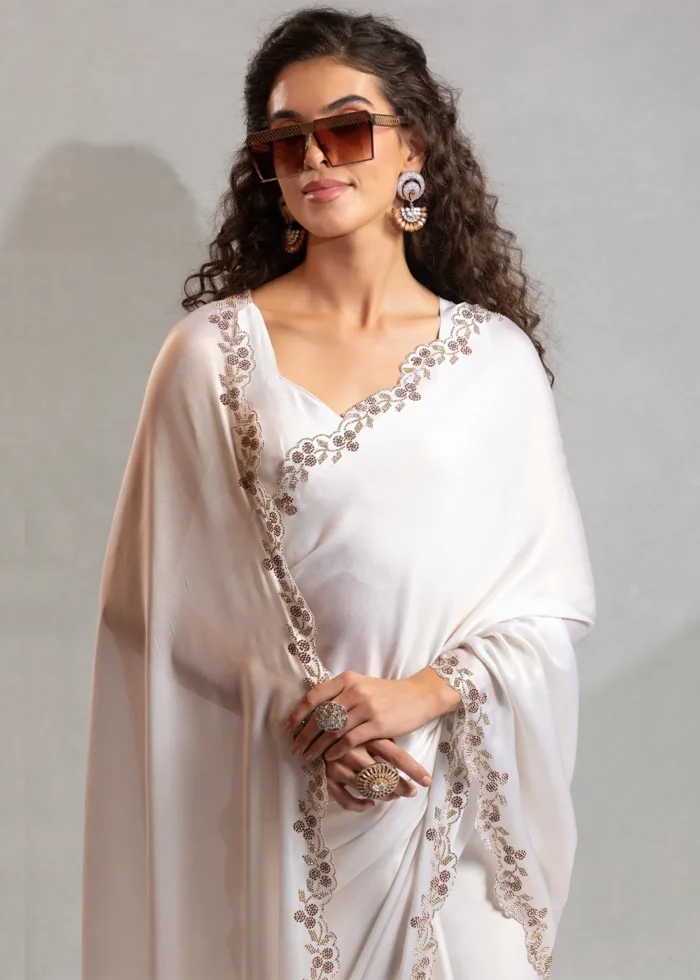 White Satin Georgette Saree with Stone Work