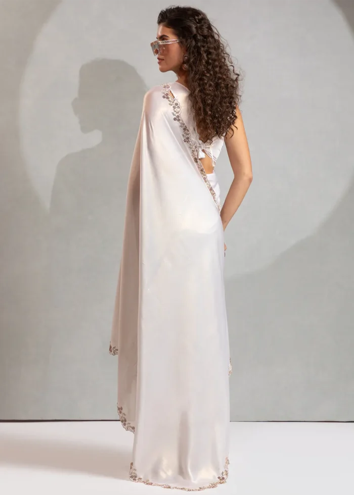 White Satin Georgette Saree with Stone Work