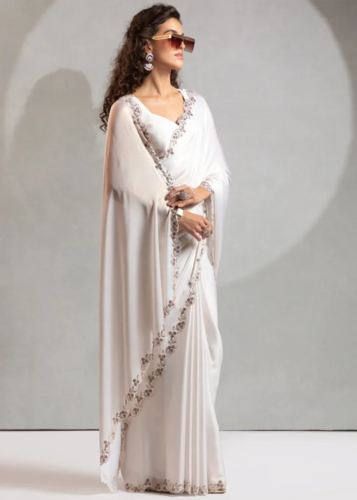 White Satin Georgette Saree with Stone Work