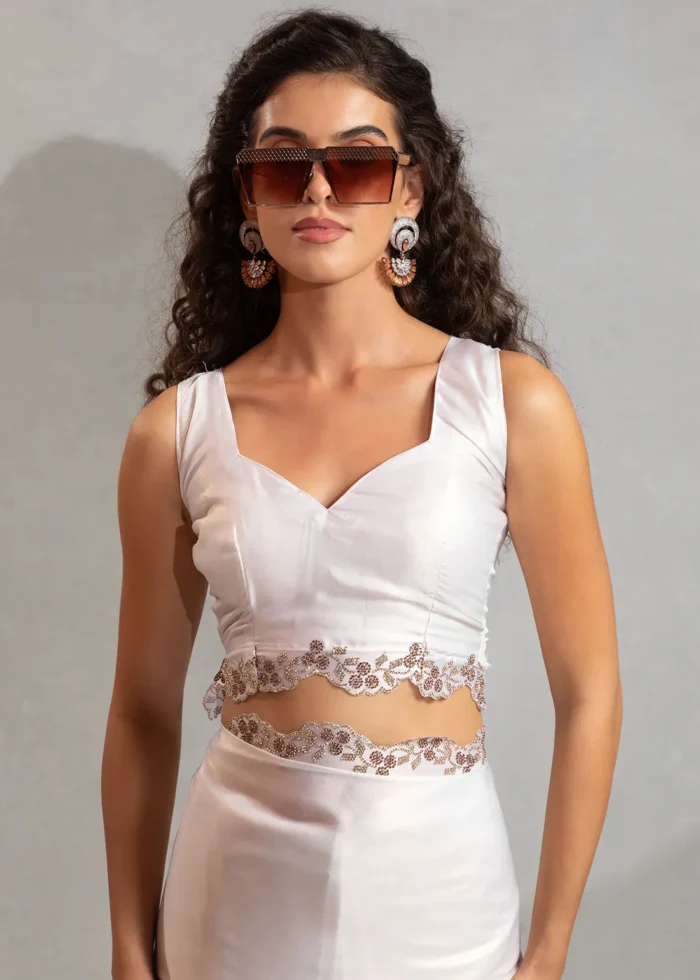 White Satin Georgette Saree with Stone Work