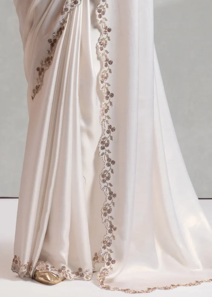 White Satin Georgette Saree with Stone Work