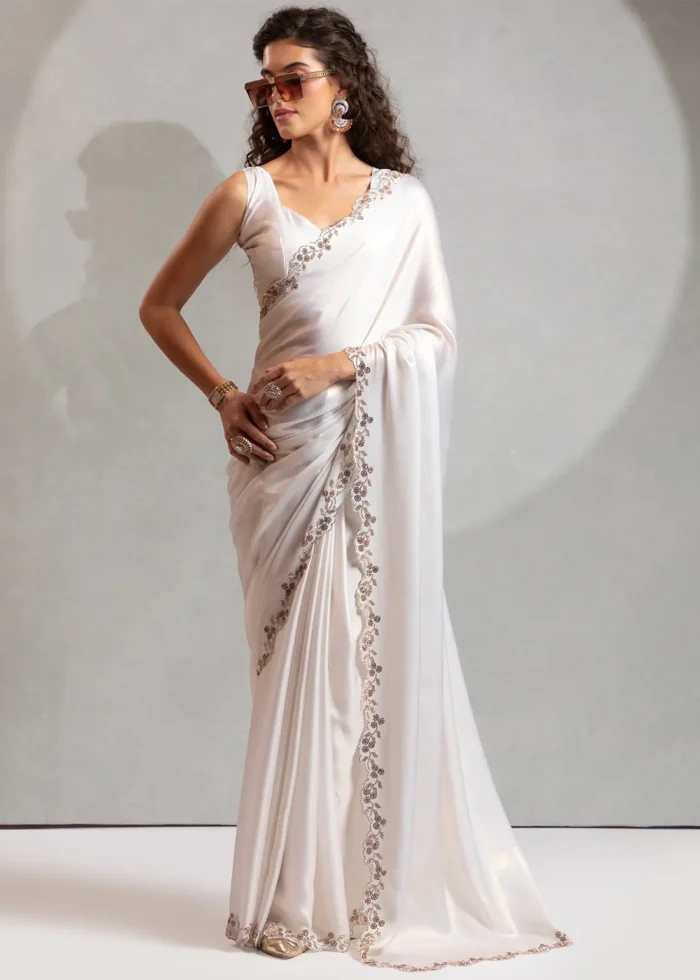 White Satin Georgette Saree with Stone Work