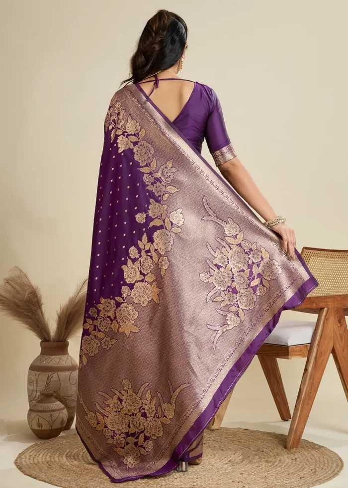 Wine Banarasi Silk Saree with Golden Zari Floral Weaving