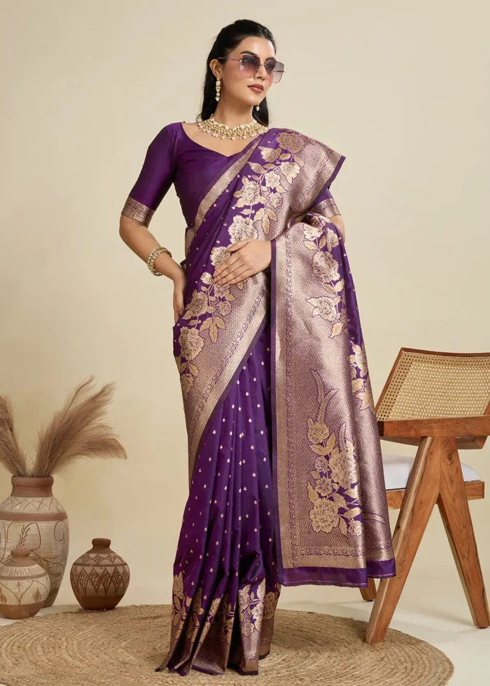 Wine Banarasi Silk Saree with Golden Zari Floral Weaving