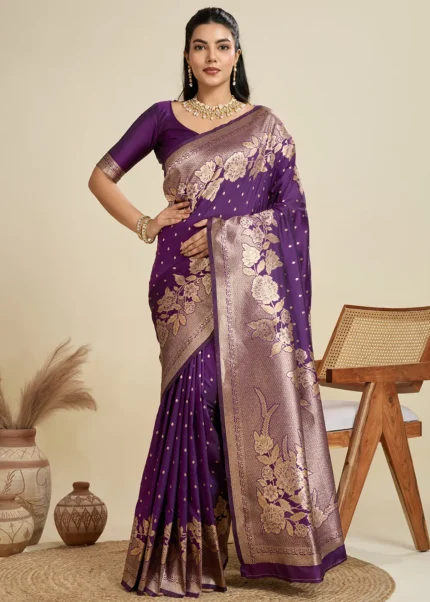Wine Banarasi Silk Saree with Golden Zari Floral Weaving