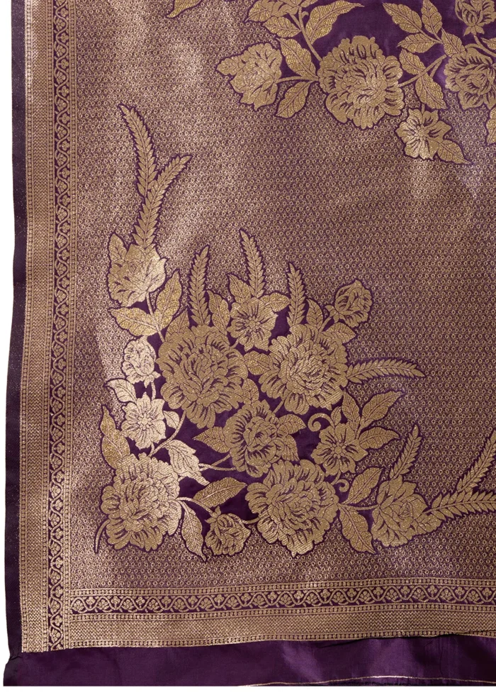 Wine Banarasi Silk Saree with Golden Zari Floral Weaving
