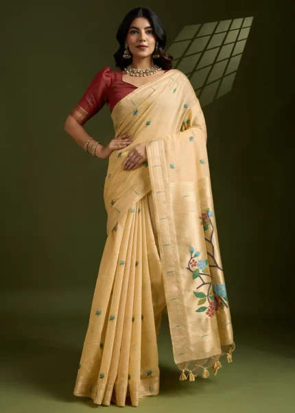 Yellow Muga Cotton Paithani Saree