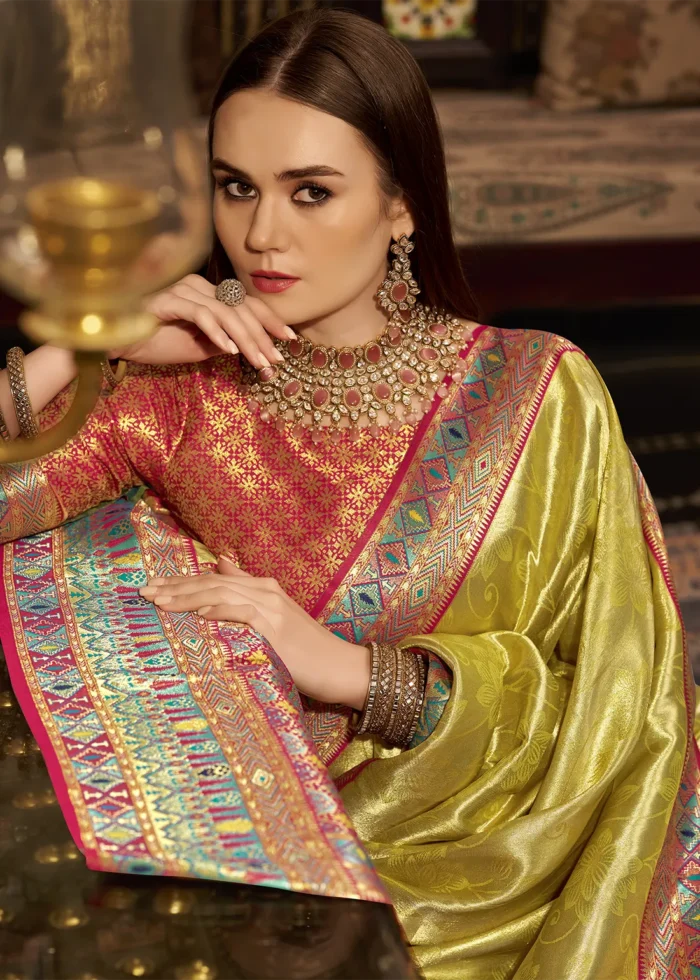 Yellow Paithani Silk Saree with Red Blouse