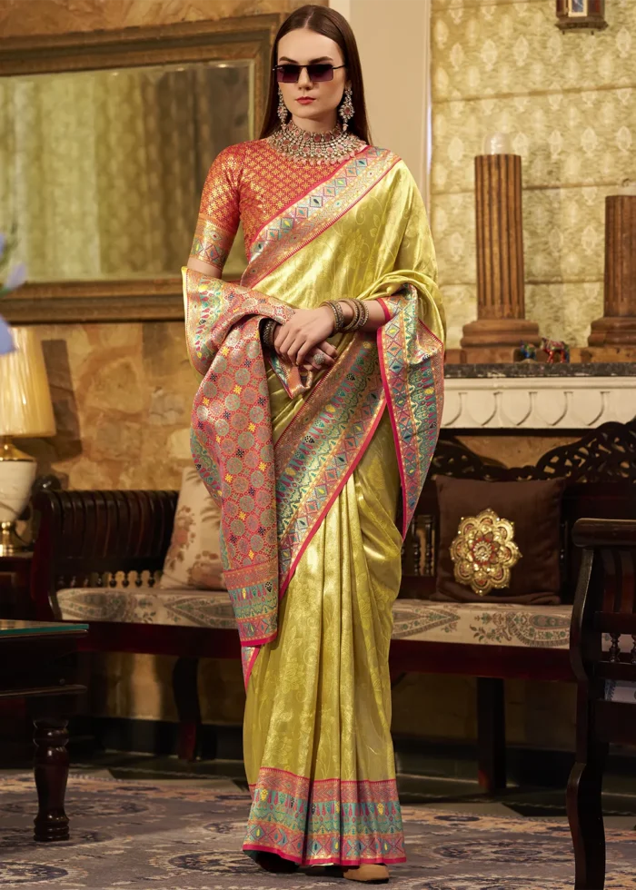 Yellow Paithani Silk Saree with Red Blouse