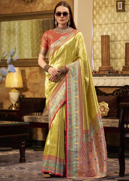 Yellow Paithani Silk Saree with Red Blouse