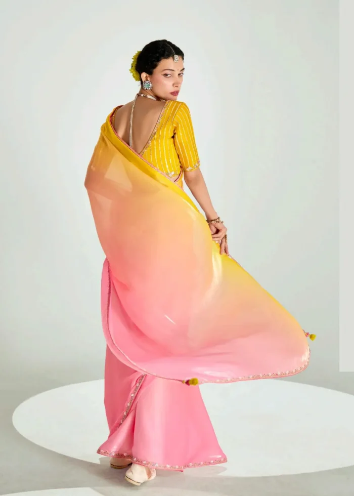Yellow and Pink Embroidered Organza Saree