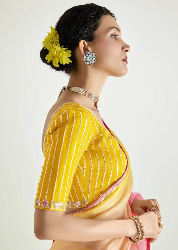 Yellow and Pink Embroidered Organza Saree 4