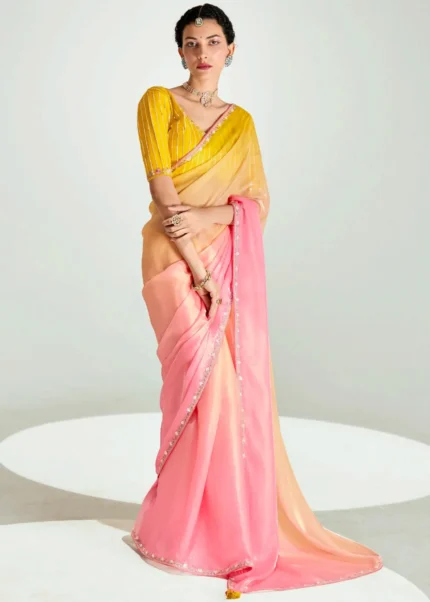 Yellow and Pink Embroidered Organza Saree