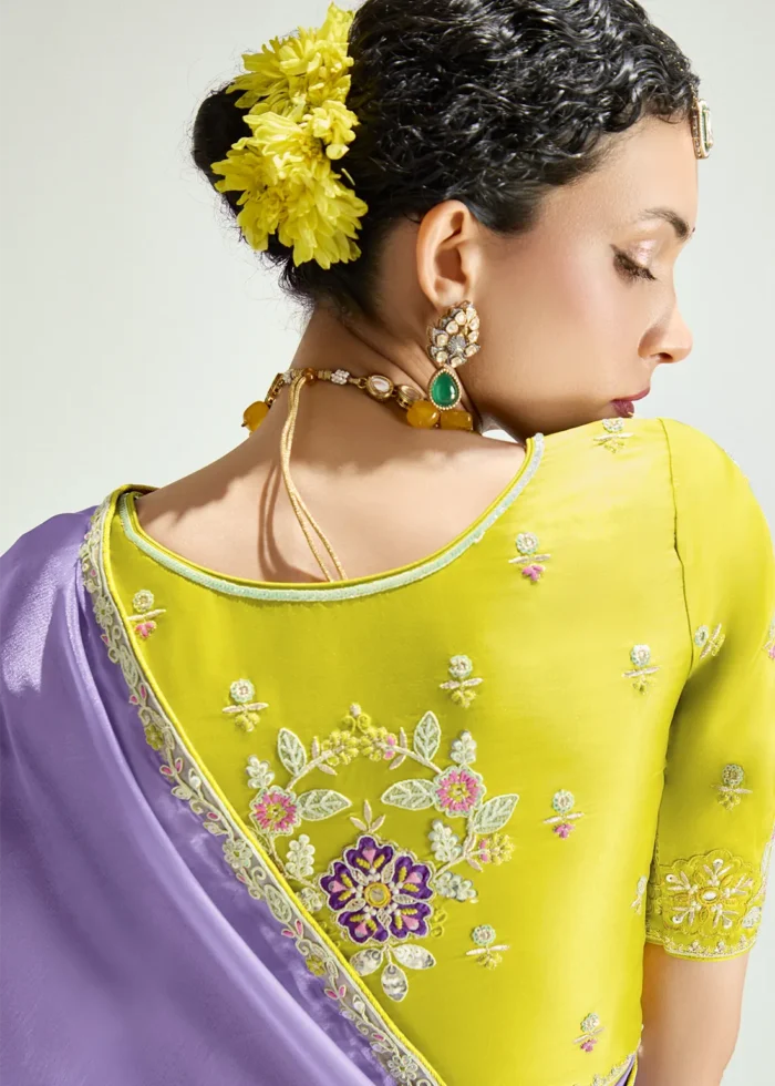 Yellow and Purple Embroidered Organza Saree