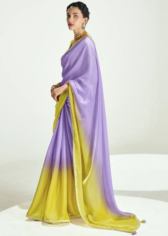 Yellow and Purple Embroidered Organza Saree