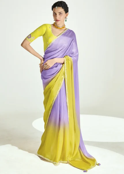 Yellow and Purple Embroidered Organza Saree