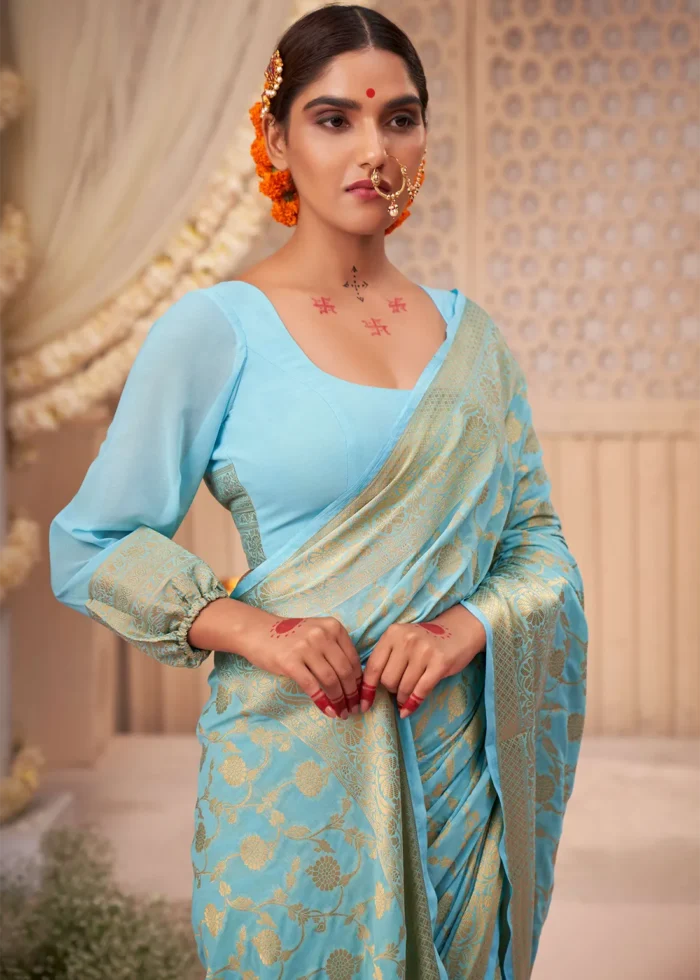 Aqua Blue Georgette Banarasi Saree for Wedding
