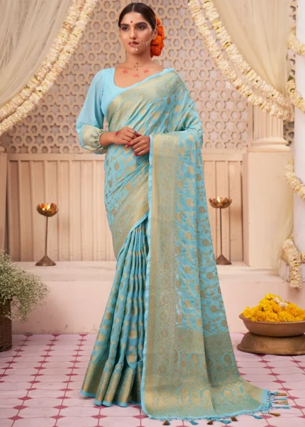 Aqua Blue Georgette Banarasi Saree for Wedding
