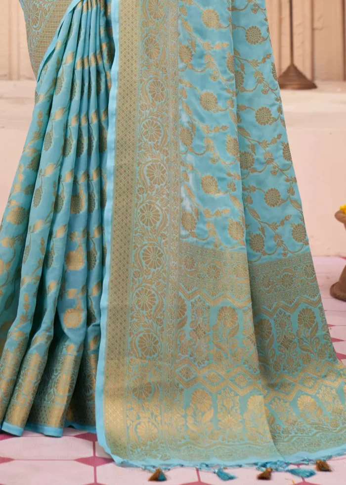 Aqua Blue Georgette Banarasi Saree for Wedding