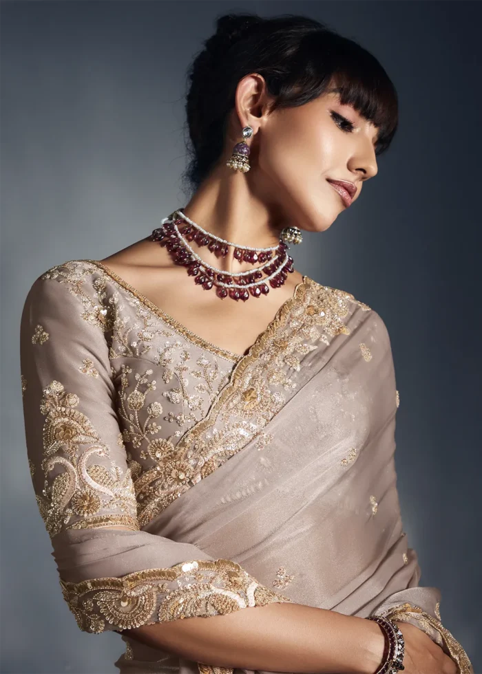 Beige Embroidered Chiffon Saree for Wedding