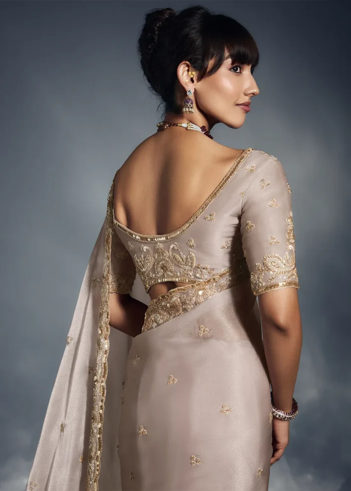 Beige Embroidered Chiffon Saree for Wedding