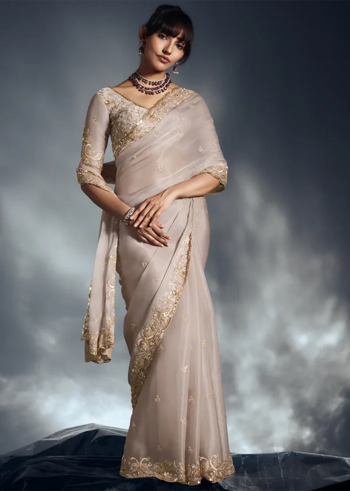 Beige Embroidered Chiffon Saree for Wedding