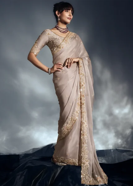 Beige Embroidered Chiffon Saree for Wedding
