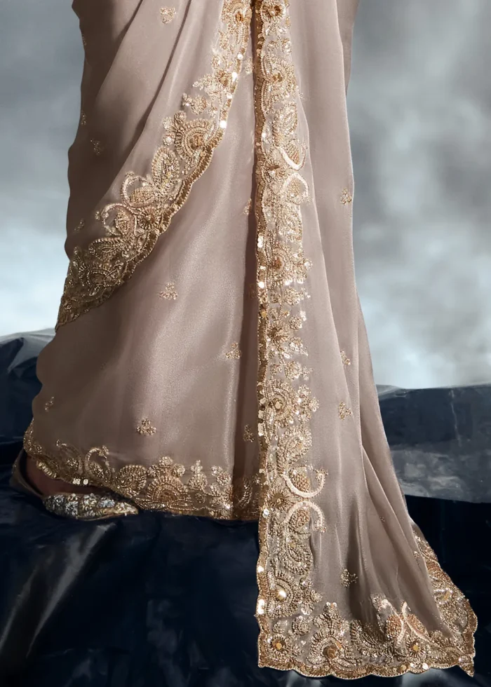 Beige Embroidered Chiffon Saree for Wedding