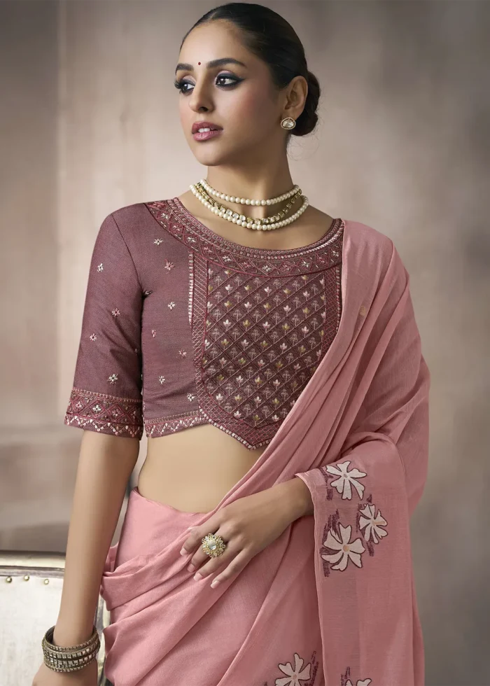 Blush Pink Cotton Saree with Embroidered Blouse