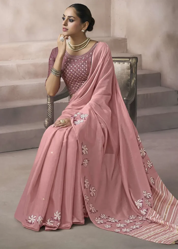 Blush Pink Cotton Saree with Embroidered Blouse