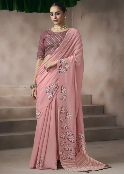 Blush Pink Cotton Saree with Embroidered Blouse