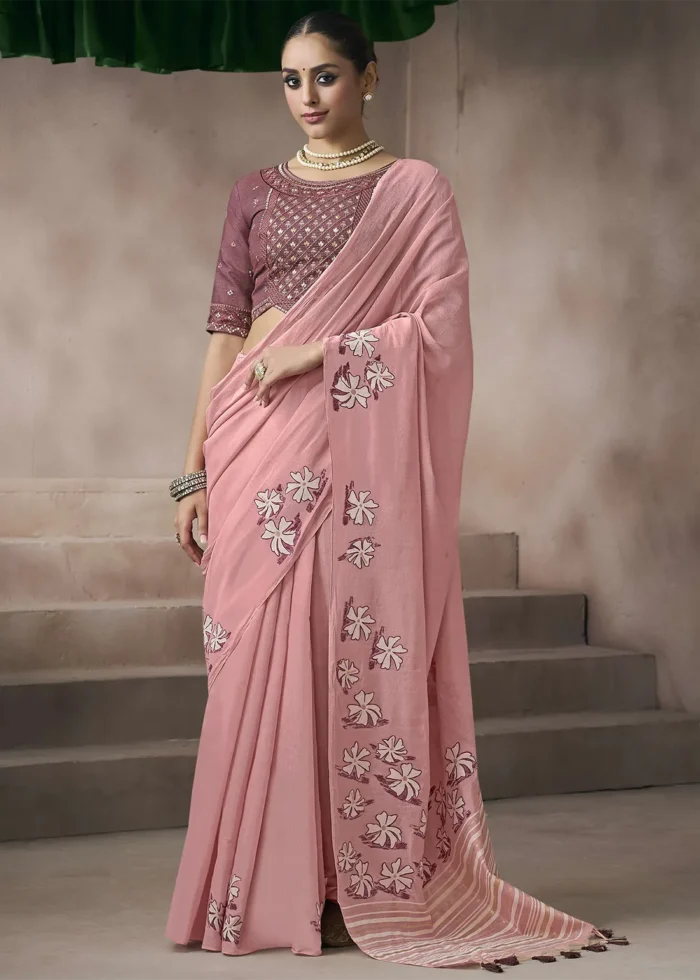 Blush Pink Cotton Saree with Embroidered Blouse