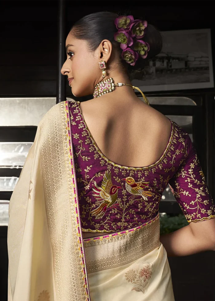 Cream Banarasi Silk Saree with Wine Embroidered Blouse