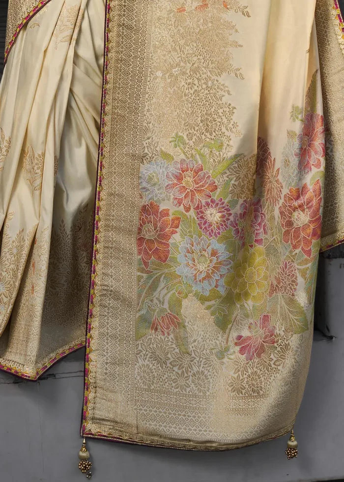 Cream Banarasi Silk Saree with Wine Embroidered Blouse
