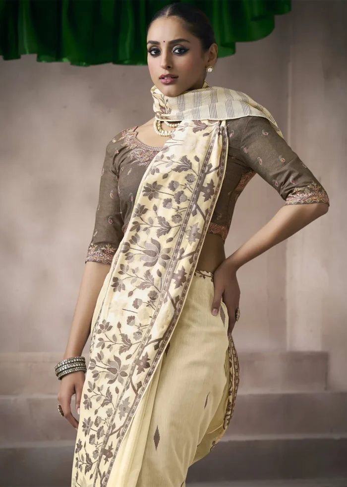Cream Cotton Saree with Brown Embroidered Blouse