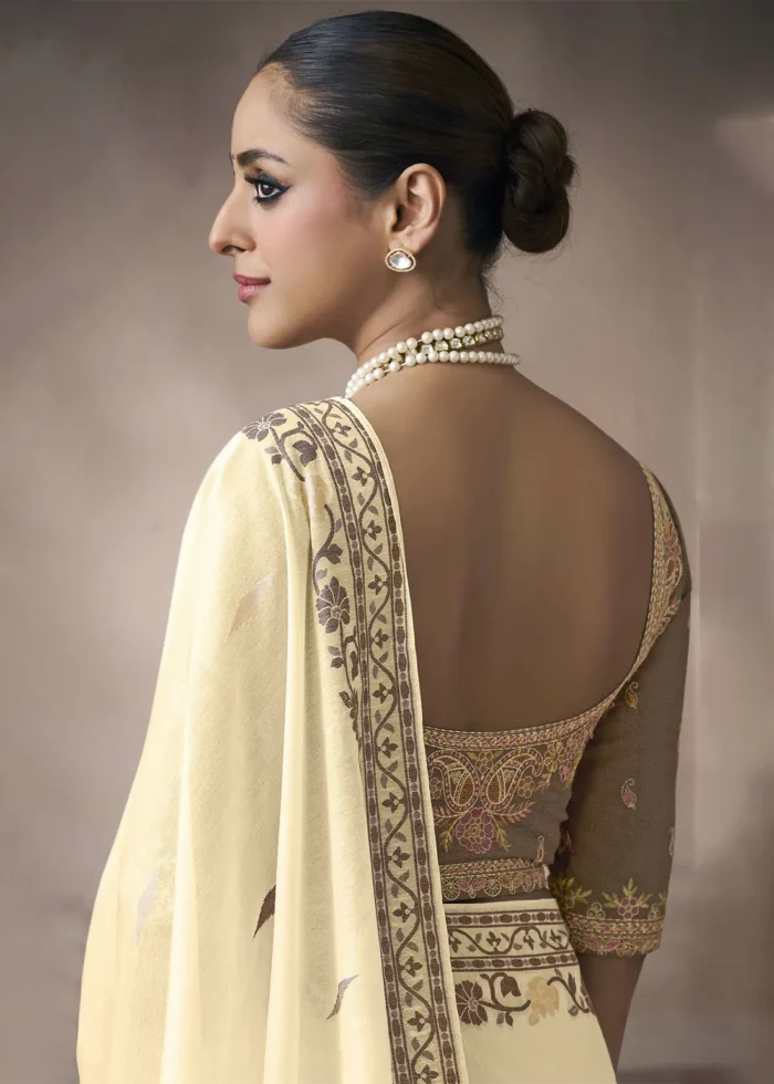Cream Cotton Saree with Brown Embroidered Blouse