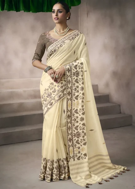 Cream Cotton Saree with Brown Embroidered Blouse