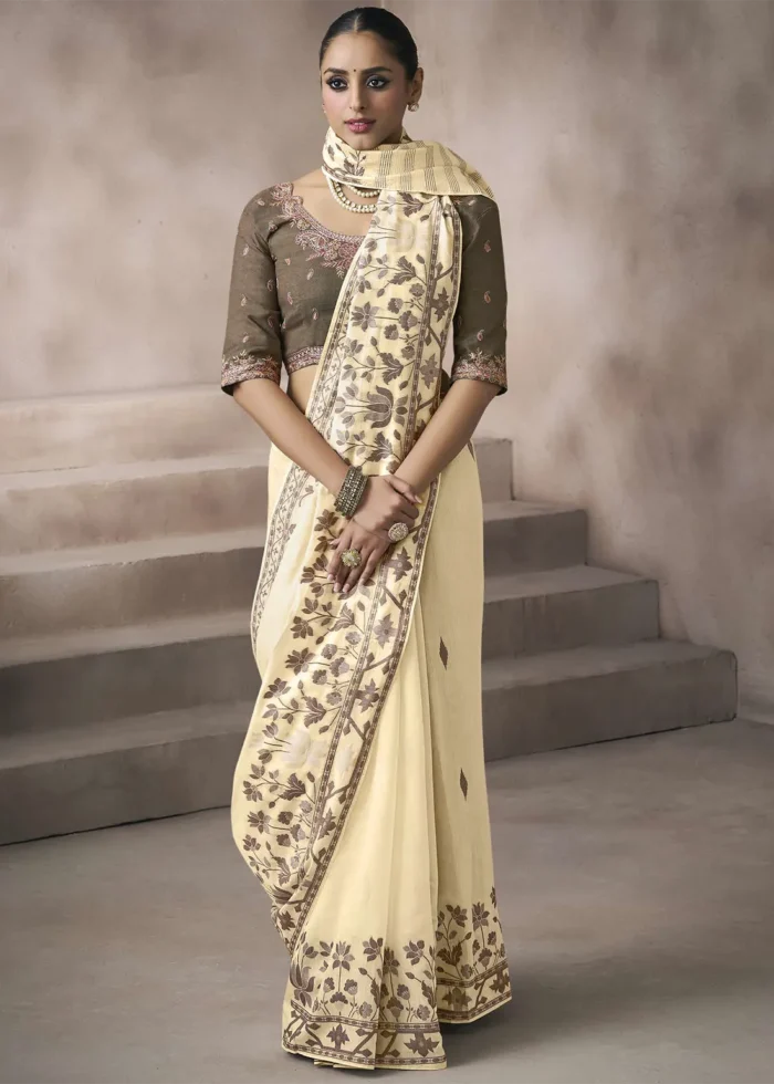 Cream Cotton Saree with Brown Embroidered Blouse