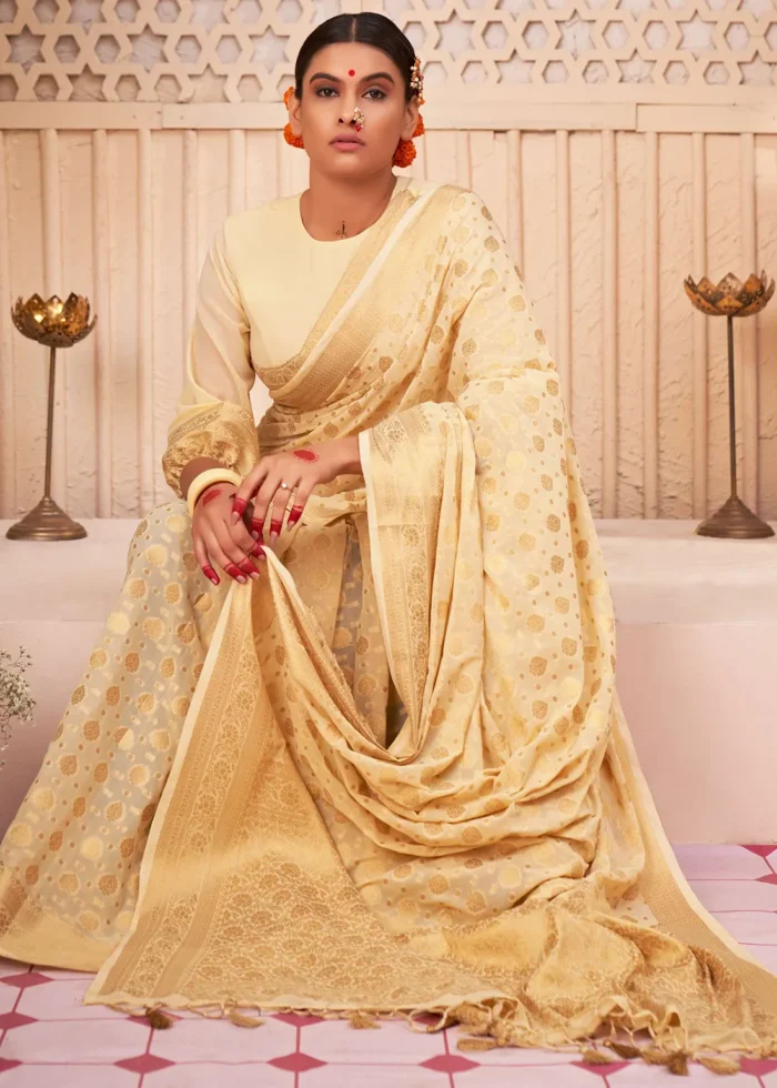 Cream Georgette Banarasi Saree for Wedding