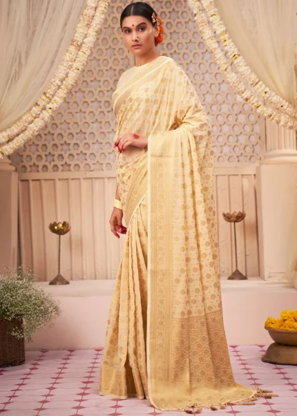 Cream Georgette Banarasi Saree for Wedding