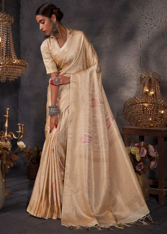 Cream Kanjivaram Silk Saree with Zari Weaving