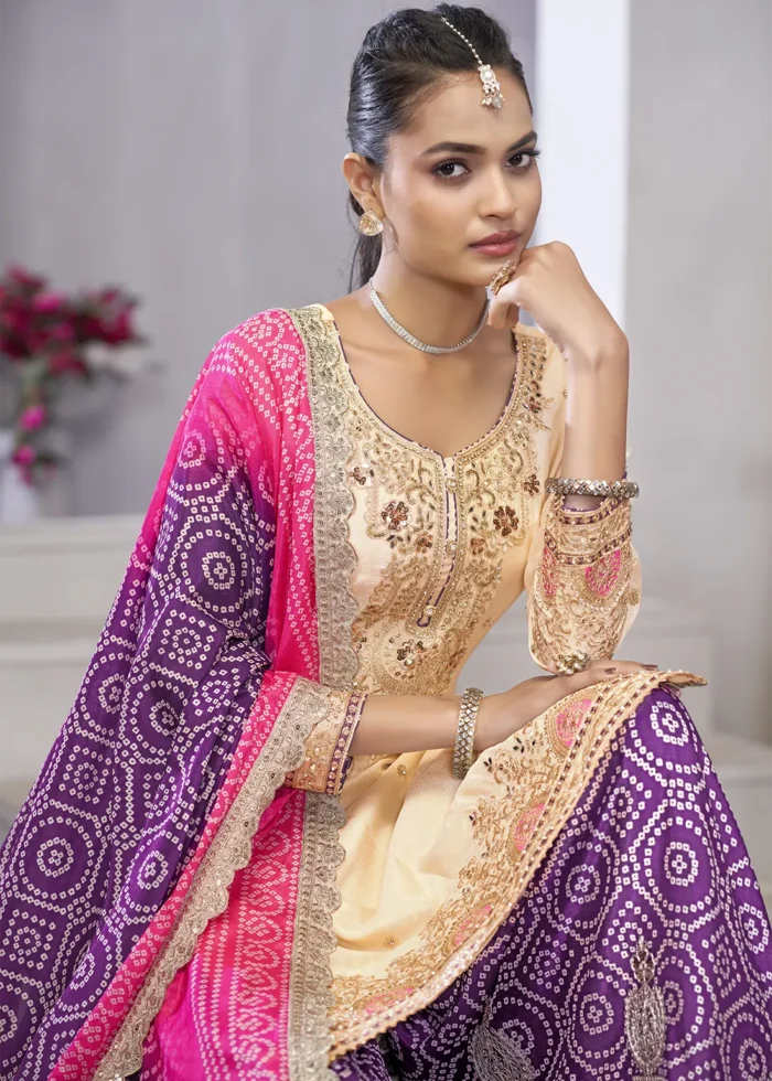 Embroidered Cream and Purple Chinon Sharara Suit