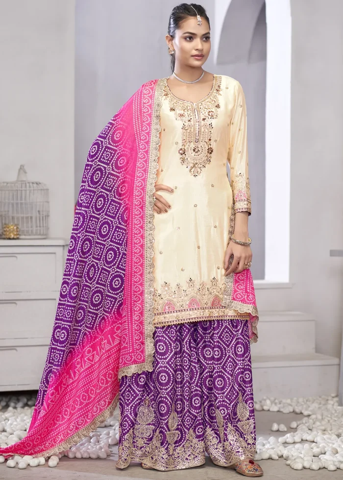 Embroidered Cream and Purple Chinon Sharara Suit