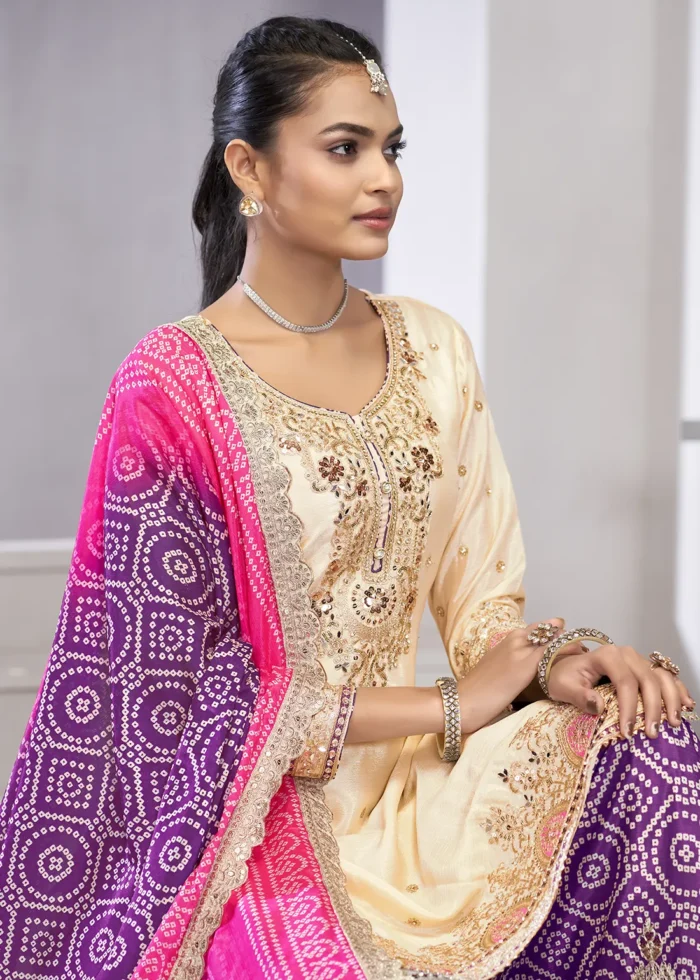 Embroidered Cream and Purple Chinon Sharara Suit