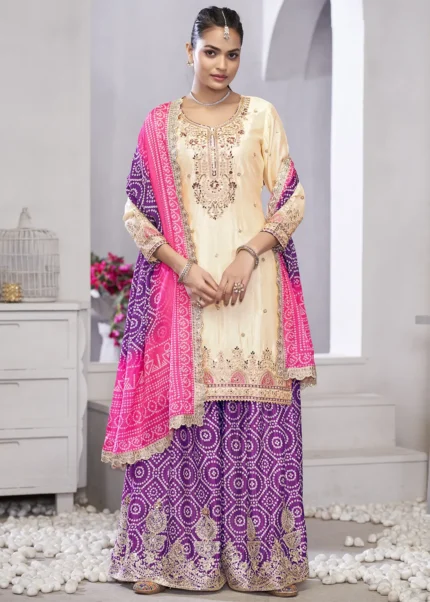 Embroidered Cream and Purple Chinon Sharara Suit