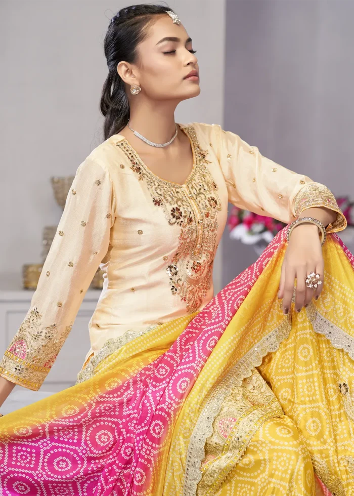 Embroidered Cream and Yellow Chinon Sharara Suit