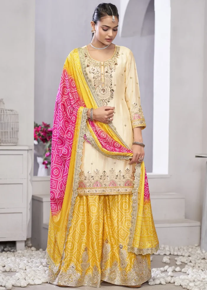 Embroidered Cream and Yellow Chinon Sharara Suit