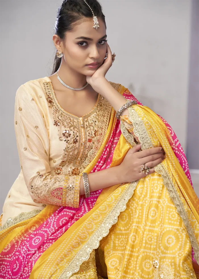 Embroidered Cream and Yellow Chinon Sharara Suit